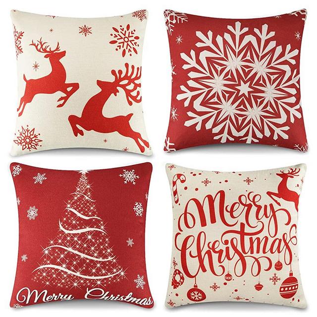 HERZOME Christmas Pillow Covers 18x18 Inches Snowflake Deer Christmas Decorations Winter Holiday Throw Pillowcase for Sofa Couch Cushion Case for Home Decor Set of 4
