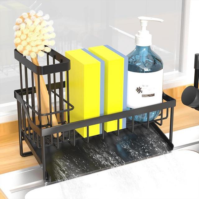 Vanwood Kitchen Sink Caddy Sponge Holder for Kitchen Sink with Brush Holder, Kitchen Sink Cocina Organizer and Storage Dish Soap Sponge Caddy with Auto Stainless Steel Draining Tray for Counter
