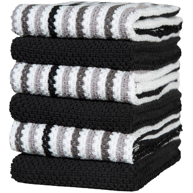 Premium Kitchen Towels (16”x 26”, 6 Pack) | Large Cotton Kitchen Hand Towels | Popcorn Striped Design | Dish Towels | 430 GSM Highly Absorbent Tea Towels Set with Hanging Loop | Black