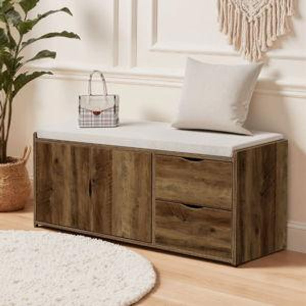 Storage Entryway Bench With Cushion Seating - 40 Inch - Rustic Oak/White