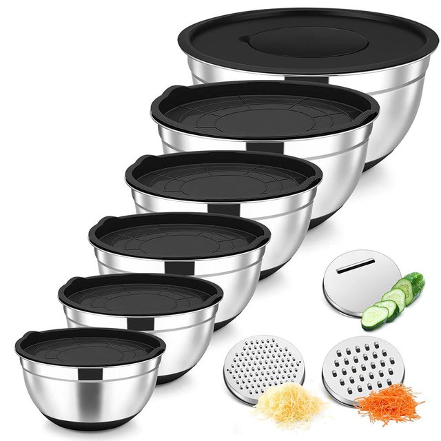 TeamFar Mixing Bowls, Stainless Steel Nesting Salad Bowl with Lids & 3 Graters, For Kitchen Cooking Serving Prepping, Airtight & Non-Slip, Size 4.6/3.5/2/1.5/1/0.7 QT, Set of 5 & Black
