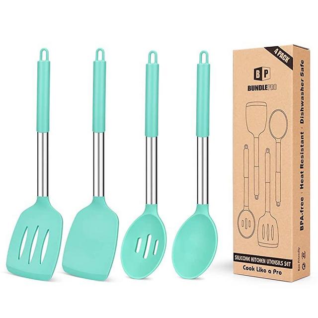 Pack of 4 Silicone Cooking Utensils Set, Non Stick Large Solid Spatulas, Heat Resistant Blue Slotted Spoons, Ideal BPA Free Kitchen Turners for Frying, Mixing,Serving,Draining,Turning,Stirring