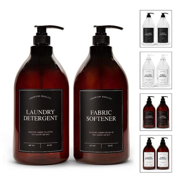 Calindiana Modern Farmhouse Liquid Laundry Detergent and Fabric Softener Dispenser for Laundry Room Decor and Organization, PET Plastic Landry Soap Containers with Water Resistant Labels Includes Pumps and Screw Caps, Collapsible Funnel, Amber 64oz