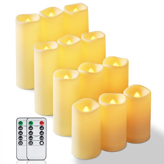 Homemory 12 Pcs Waterproof Flameless LED Candles with Remote & Timer, 4-Size Set (D2.2'' x H4''5''6''7''), Battery Operated Candles for Home Decor, Outdoor Parties & Events