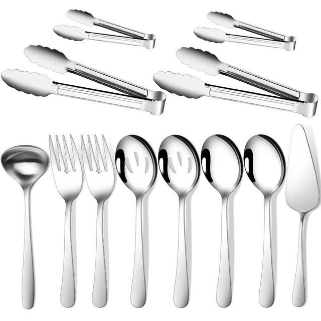 Gisly 12 Pieces Serving Utensils Include Large Serving Spoons,Slotted Serving Spoons,Serving Forks,Serving Tongs,Appetizers Tongs,Soup Ladle and Pie Cake Server for Buffet Catering,Dishwasher Safe