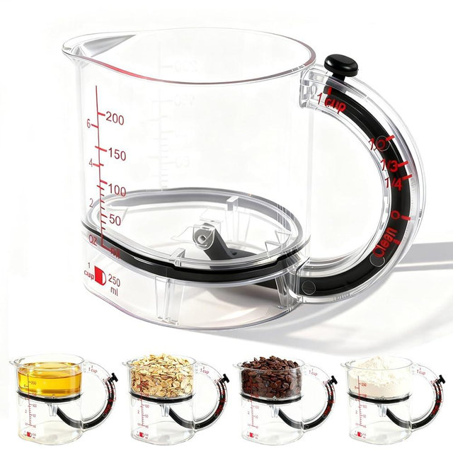 4-in-1 Adjustable Measuring Cup, All in One Multi-Functional Measuring Cups with Adjustable Base & Scraper for Wet Dry Sticky Ingredients, Space-Saving Easy to Clean No Waste Design
