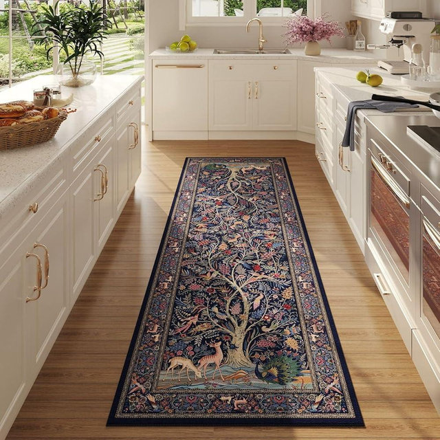 Rugcomf Runner Rug Vibrant Tree of Life-Patterned Vintage Kitchen Rugs Non Slip Washable Soft Carpet Runner for Laundry Bedroom Bathroom, Blue