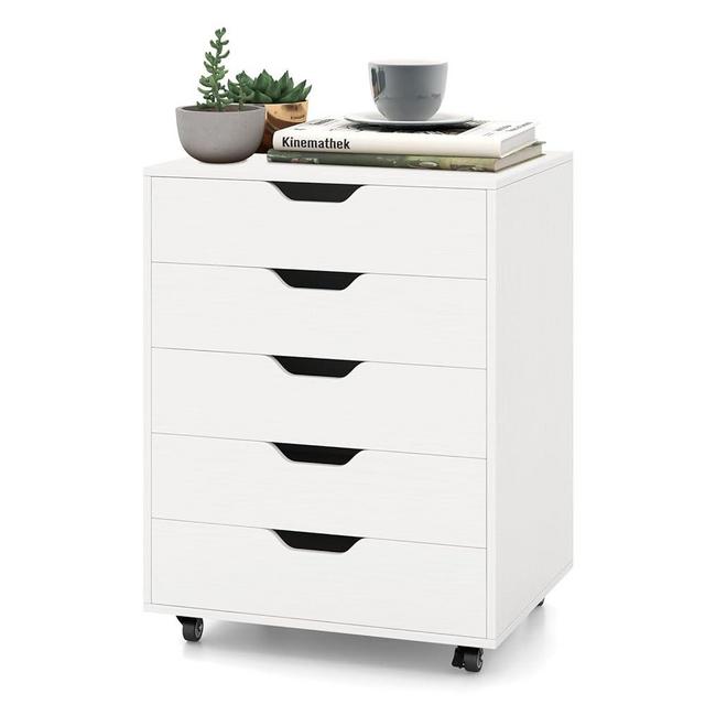 IFANNY 5 Drawer File Cabinet, Mobile Filing Cabinet with Universal Wheels, White Office Cabinet w/ 5 Drawers, Vertical Printer Stand, Rolling Storage Cabinet, Wood File Cabinets for Home, Office