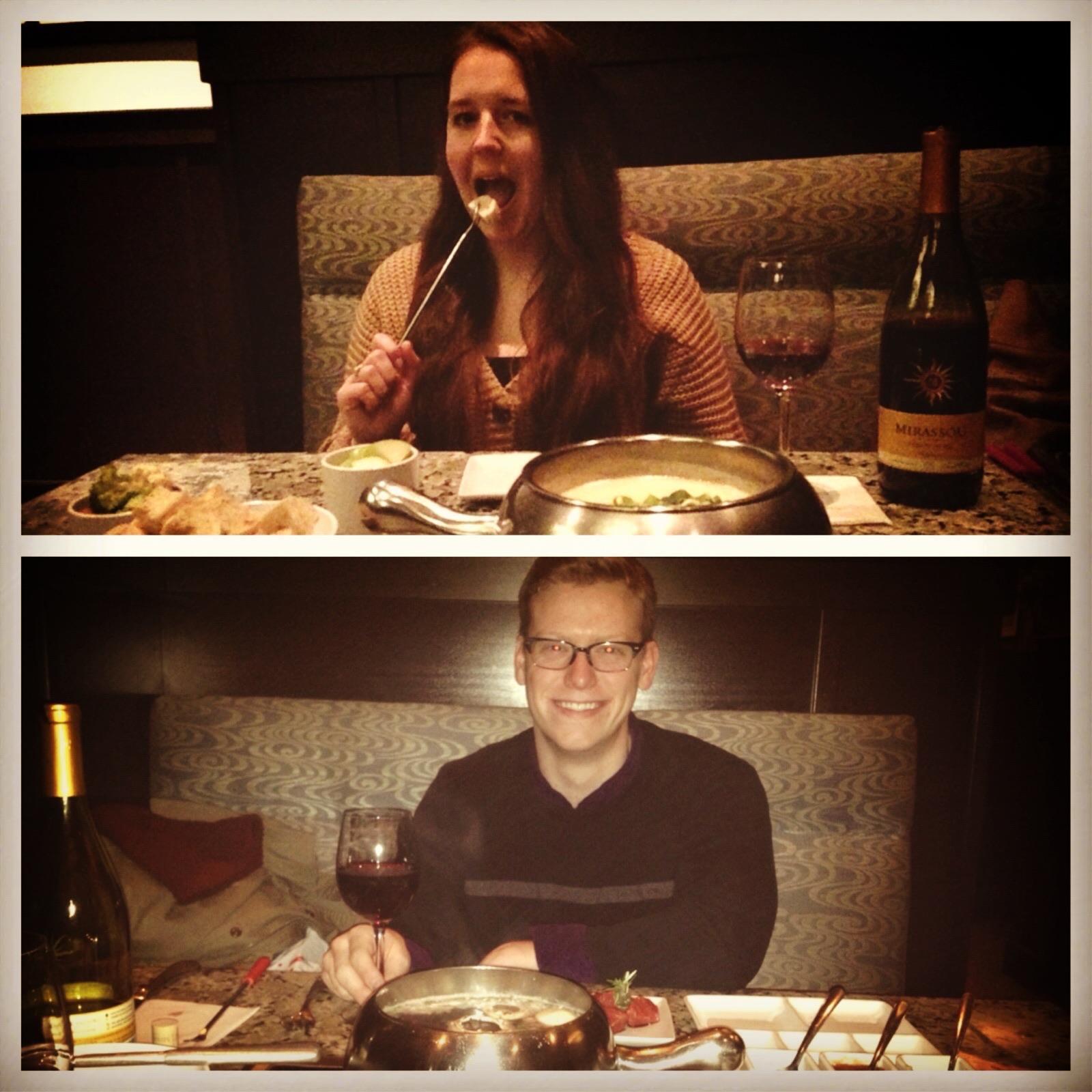 Being foodies (eating in a deserted Melting Pot in NJ)