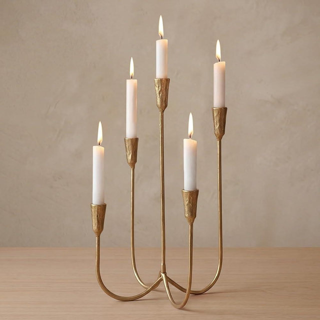 5-Arm Gold Candelabra Candle Holder Detachable Metal Taper Candleholders 17.5” Tall Cast Iron Candlestick Holders for Wedding Centerpiece Dining Table Party Home Decor Events