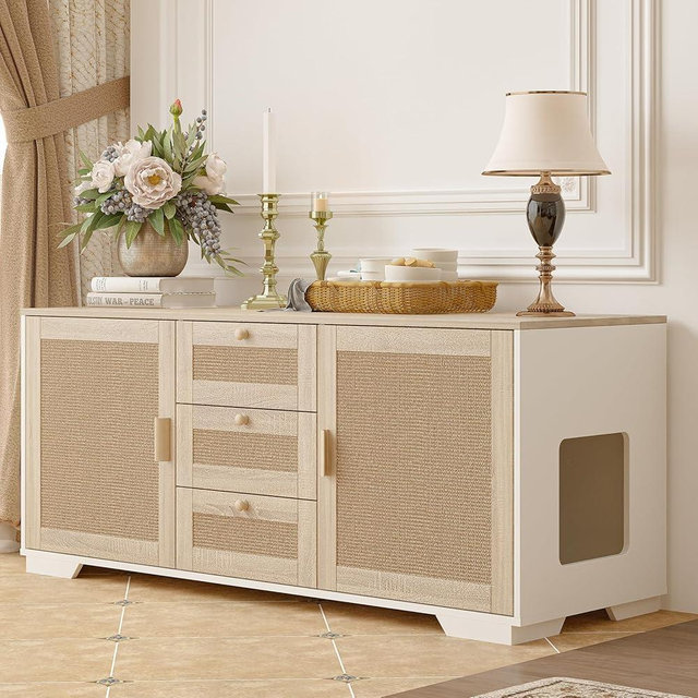 Cat Litter Box Enclosure Furniture Hidden Indoor 2-in-1 Wooden Cat & Washroom Cabinet with Scratching Board Doors and 3 Drawer for 2 Cats, 55"x20"x24"H