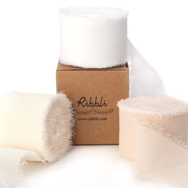 Ribbli Chiffon Ribbon 1.5 inch x 30 Yard Handmade Silk Ribbon,White/Ivory/Nude Fringe Chiffon Ribbon for Wedding Invitations,Gift Wrapping, Bridal Bouquets Wrapping, Flower Arrangement Decoration