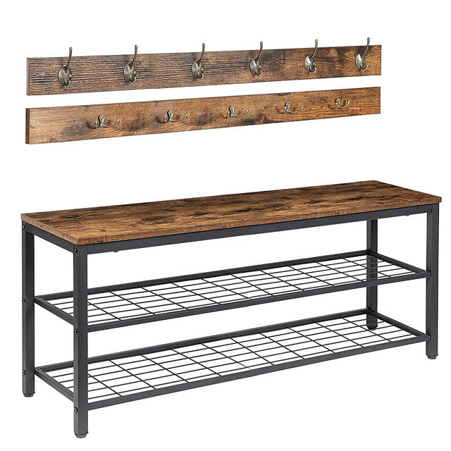 HOOBRO Coat Rack Shoe Bench, Shoe Rack with Coat Hooks, Hall Tree with Shoe Bench Coat Hat Bag Hanging Organizer,with 11 Coat Hooks, Easy Assembly, Rustic Brown and Black BF071MT01G1