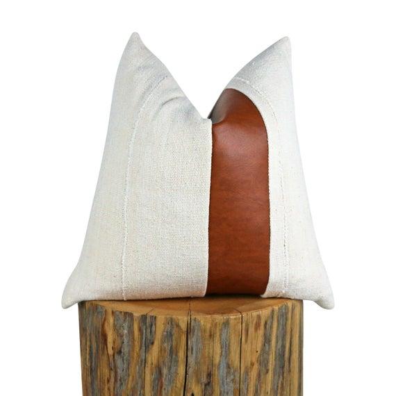 Mudcloth Pillow Cover w/Faux Leather Stripe