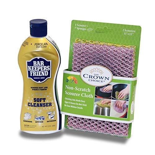 BAR KEEPERS FRIEND Soft Cleanser Liquid (13 OZ) and Non Scratch Scouring Scrubber Kit | Multipurpose, Stainless Steel, Rust, Soft Cleaner with Heavy Duty Non Scratch DishCloth