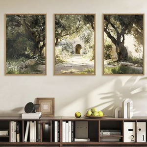 Ausril Garden of Gethsemane Landscape Framed Canvas Wall Art, Jerusalem Town Villages Scenery Prints, Jesus Boho Religious Decor, Christian Bible Art Painting for Bedroom Living Room Office 16"x24"x3