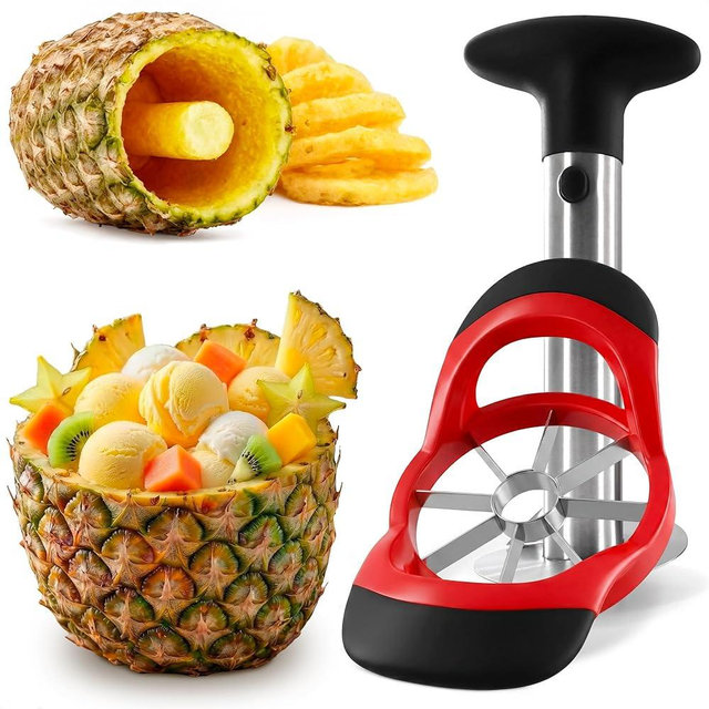 Pineapple Corer and Slicer Tool – Stainless Steel Pineapple Peeler Tool with Reinforced Thick Blade for Effortless Slicing – Core Remover and Cutter for Diced Fresh Rings, Black Handle, Easy to Clean