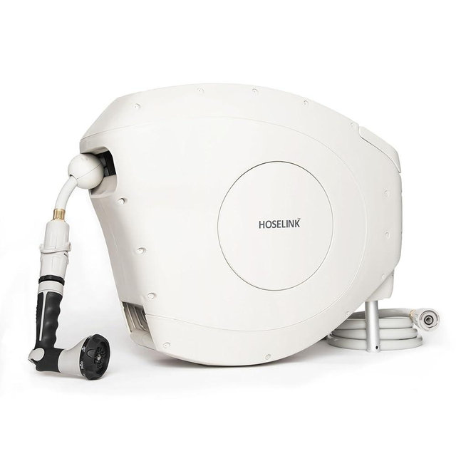 HOSELINK Beige 50ft Automatic Retractable Garden Hose Reel, 9/16”, 8-Pattern Spray Nozzle, UV-Stabilized Kink-Free Hose, Wall Mounted Complete Watering Solution for Backyard, Garden & Outdoor