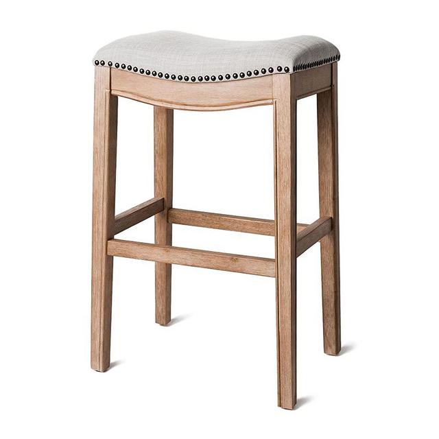 Maven Lane Adrien Wooden Saddle 31" H Bar Height Stool Kitchen Chair with Nailhead Trim, Weathered Oak Finish and Sand Fabric