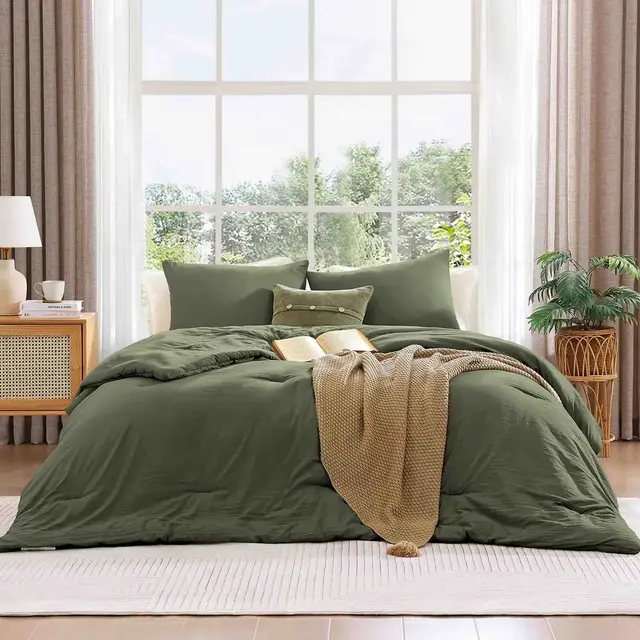 BAGOKIE 3 Pieces Queen Size Comforter Set for All Season, Olive Green