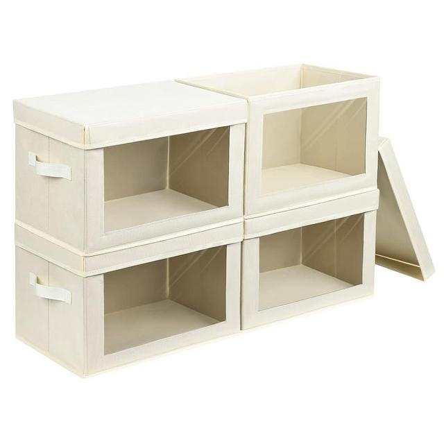 Homsorout Storage Bins Closet Storage - Bins with Lid, Stackable Storage Bins with Window, Hand Pull Closet Organizer Bins for Clothes, Towels, Books (Beige, Set of 4)