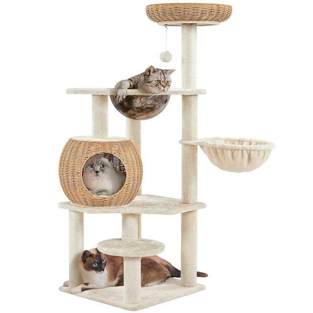 Yaheetech Cat Tree, 54in Rattan Cat Tree Tower with Luxury Woven Condo, Clear Bowl, Washable Cushions, and Scratching Posts, Cat Furniture for Indoor Cats