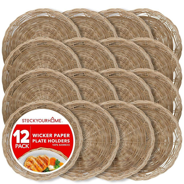 Stock Your Home 10 Inch Bamboo Wicker Plate Holders (12 Count), Heavy Duty Reusable Plate Holders, Natural