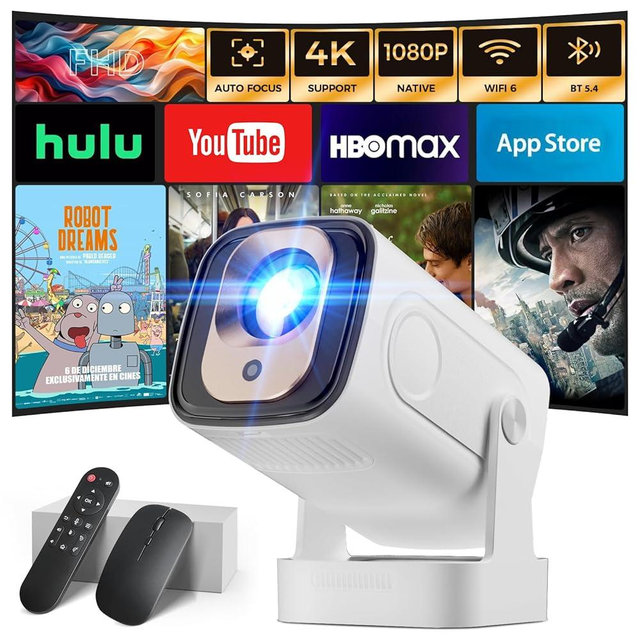 Projector [Auto Focus & 1080P Native & Bulit-in Apps] Projector 4K Support Auto Correction WiFi 6 Bluetooth 5.4 Mini Portable Projector Compatible with HDMI/TV Stick/Memory Stick/Laptop, Beige