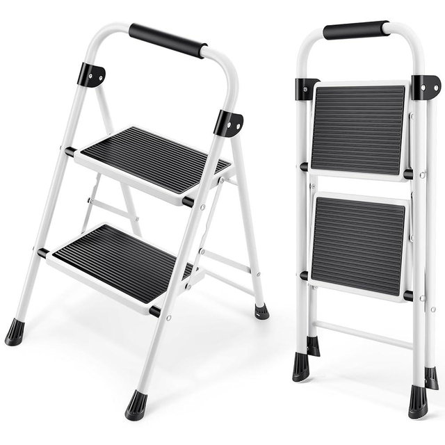 KINGRACK 2 Step Ladder, Folding Step Stool with Anti-Slip and Wide Pedal, Lightweight Stepladder with Handrails, Portable for Kitchen, Household, 330LBS, White
