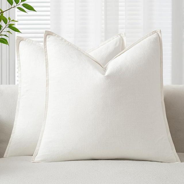 EMEMA Decorative Linen Throw Pillow Covers 24x24 Inch Cream Boho Farmhouse Neutral Couch Throw Pillows for Bed Pack of 2 Accent Pillowcase Modern Sofa Cushion Livingroom Home