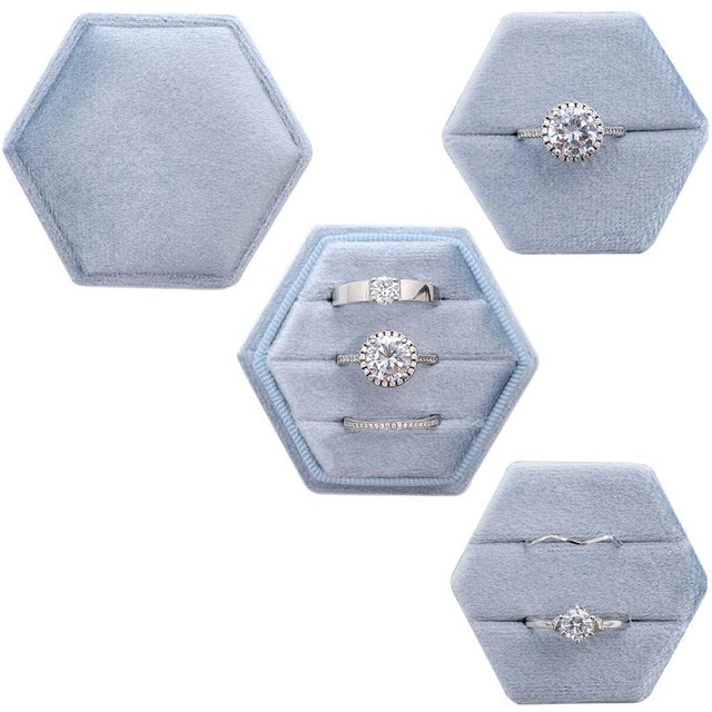 Beatilog 3 IN 1 Ring Box Wedding Day, Hexagon 1, 2 and 3 Slot Ring Box Premium Double Triple Rings Bearer Holder, Handmade Velvet Ring Gift Box for Proposal Engagement Ceremony Christmas (Dusty Blue)