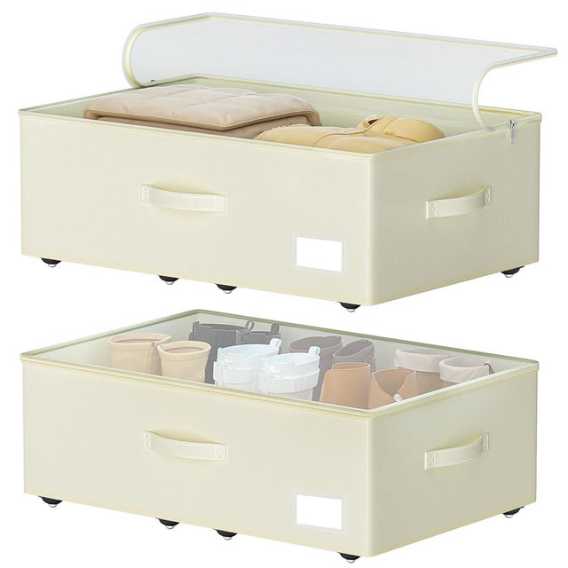 EE-RoomWorld Under Bed Storage with Wheels, No Assemble Required 10 inches height Under Bed Storage bins,Large capacity Rolling Underbed Shoe Storage containers，dorm underbed storage drawers