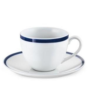 Brasserie Blue-Banded Porcelain Cups & Saucers, Set of 4