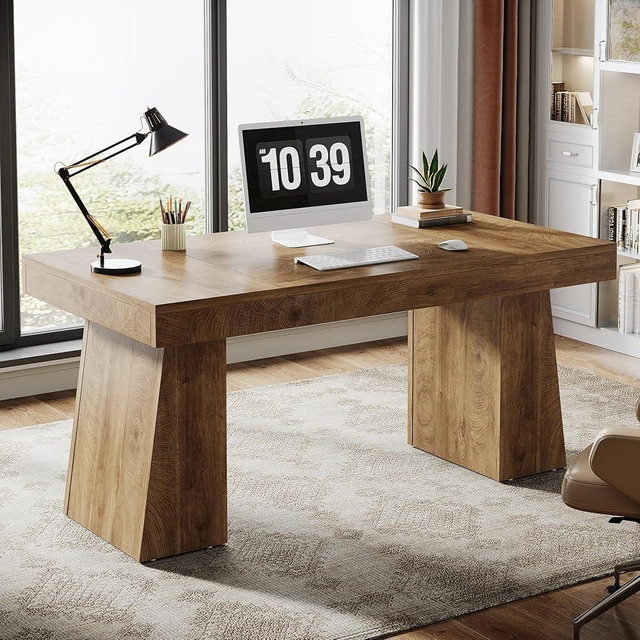 Tribesigns 55 Inches Executive Desk, Mid-Century Modern Home Office Desk with Double Trapezoid Base, Wood Computer Desk Business Workstation Desk Small Conference Table, Light Brown