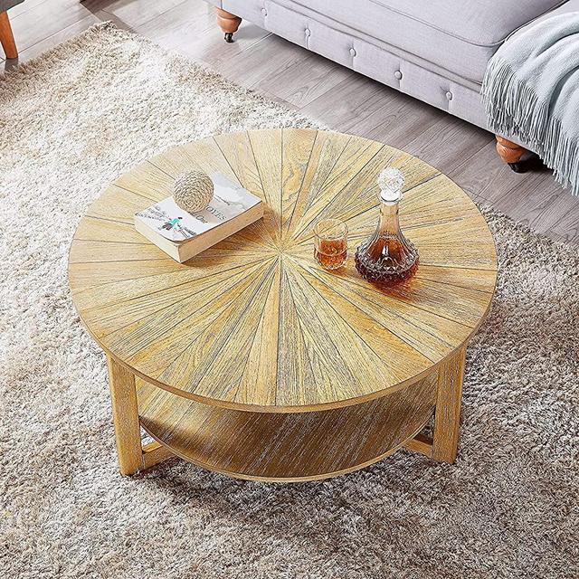 DS-HOMEPORT Round Coffee Tables Living Room with Storage, Wood Circle Coffee Table Suit for Farmhouse and Bedroom, Natural Wood