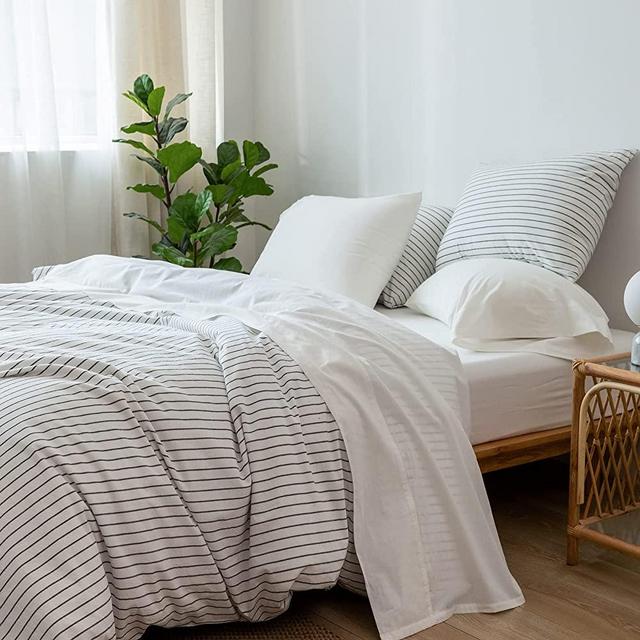 MooMee Bedding Sheet Set 100% Washed Cotton Linen Like Textured Breathable Durable Soft Comfy (Off White, Queen)