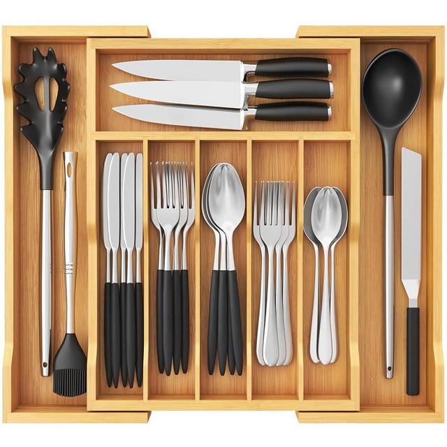 Lifewit Silverware Drawer Organizer, Expandable Utensil Tray for Kitchen, Bamboo Flatware and Cutlery Holder, Wood Adjustable Storage for Spoons Forks Knives, Large, Natural
