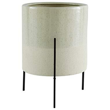 Rivet Mid-Century Modern Ceramic Indoor Outdoor Planter Flower Pot with Iron Stand - 17 Inch, Green