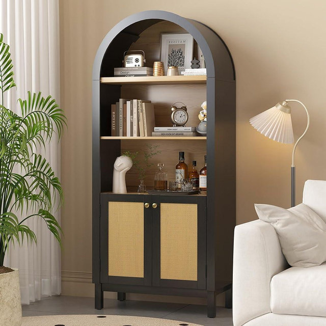 BOMETAO 70" Tall Arched Bookcase, 5-Tier Arched Cabinet with Rattan Doors and Shelves, Arch Bookshelf with Storage, Farmhouse Wooden Display Storage Cabinet for Living Room, Kitchen Pantry, Black+Oak