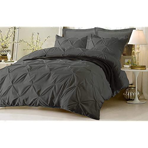 Kotton Culture Pinch Pleated 5 Piece Duvet Cover Set 100% Egyptian Cotton 600 Thread Count with Zipper & Corner Ties Tuffed Pattern Decorative (Oversized King, Grey)