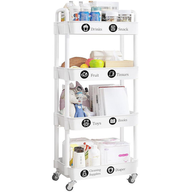 UDEAR 4-Tier Rolling Utility Cart with 12 Category Labels,Multifunctional Storage Shelves with Handle and Lockable Wheels for Room,Office,Kitchen,Bathroom,White