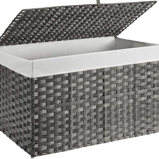 GREENSTELL Storage Basket with Lid, 42.3 Gallon(160L) Lagre Wicker Blanket Storage Basket with Handles, Foldable, 2 Removable Liner Bags, Metal Frame, for Bedroom, Laundry Room, Grey,30"*18.1"*18.1"