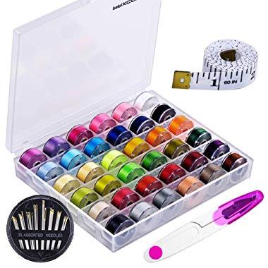 Paxcoo 36 Pcs Bobbins and Sewing Threads with 30Pcs Sewing Needles, Scissors and Measuring Tape for Brother Singer Babylock Janome Kenmore Sewing Machine