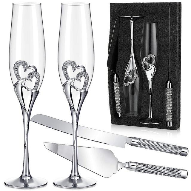 Zhehao Wedding Champagne Flutes and Cake Knife Server Set Toasting Glasses Toasting Champagne Flutes with Rhinestone Rimmed Hearts Decoration Couple Cake Cutting Set for Wedding Anniversary (Silver)