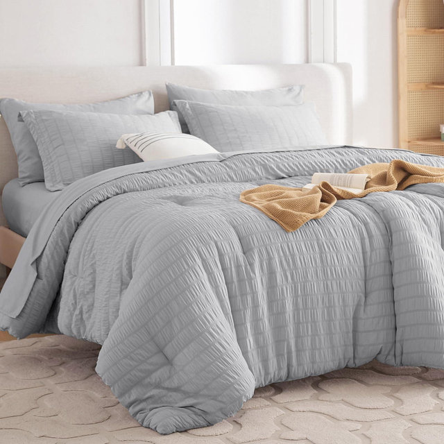 Bed in a Bag 7 Pieces King Size Comforter Set for All Season, Light Grey