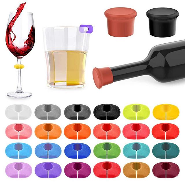 26Pcs Wine Glass Charms Tags with Bottle Stopper, Silicone Wine Glass Drink Markers for Bar Party Martinis Cocktail Champagne Stem Glasses