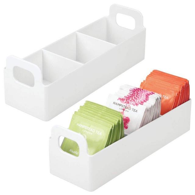 mDesign Plastic Kitchen Pantry, Medicine Cabinet, Countertop, Organizer Storage Station Tea Caddy Holder for Beverage and Tea Bags, Sweetener, Individual Packet Condiments - 9" Long - 2 Pack - White