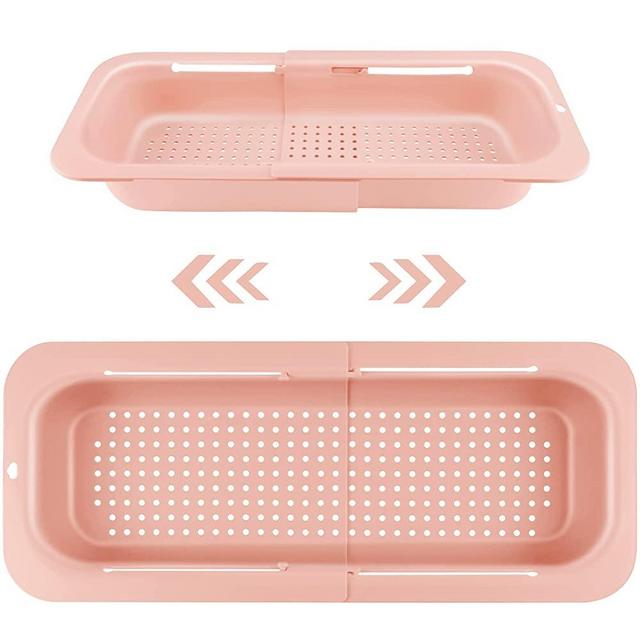Over the Sink Colander, Expandable Colander Over the Sink Strainer Basket, Collapsible Strainer Noodle Pasta Vegetables Fruit Washer Food Strainer, Muzpz Expandable Strainer Kitchen Gadgets(Pink)