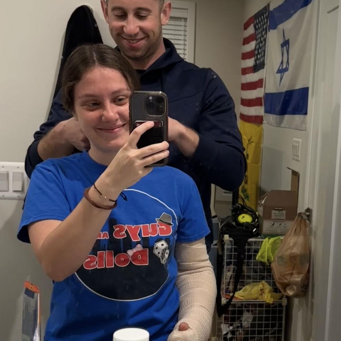 Matt braiding Jenny's hair when she broke her arm