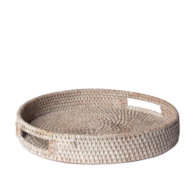 Porto Boutique Round Rattan Serving Tray - Modern Woven Tray w/Handles for Dining Table, Livingroom, Patio Decor - Stylish Rattan Tray for Serving Fruits, Breakfast - Ideal for Coffee Table (Medium)